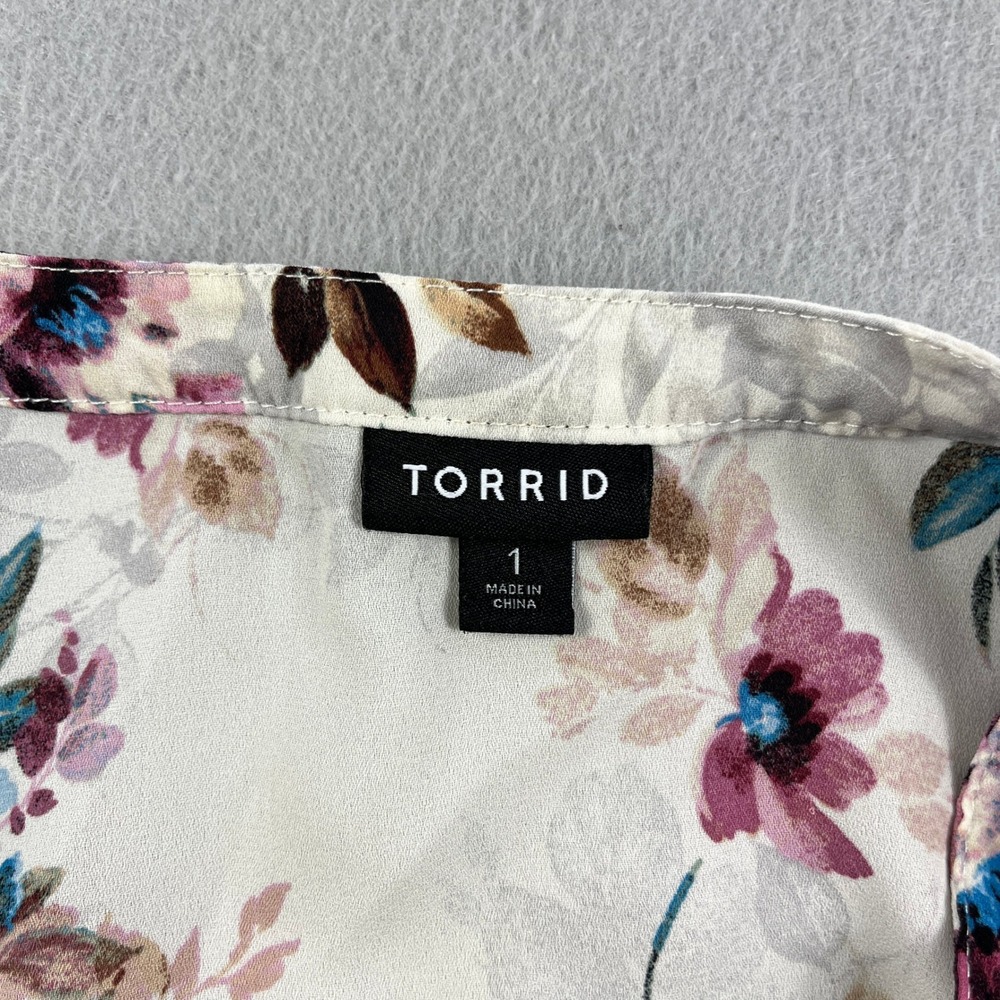 Torrid Womens Plus Size 1 Floral Long‎ Sleeve Pleated Button Front Blouse White - Picture 4 of 5